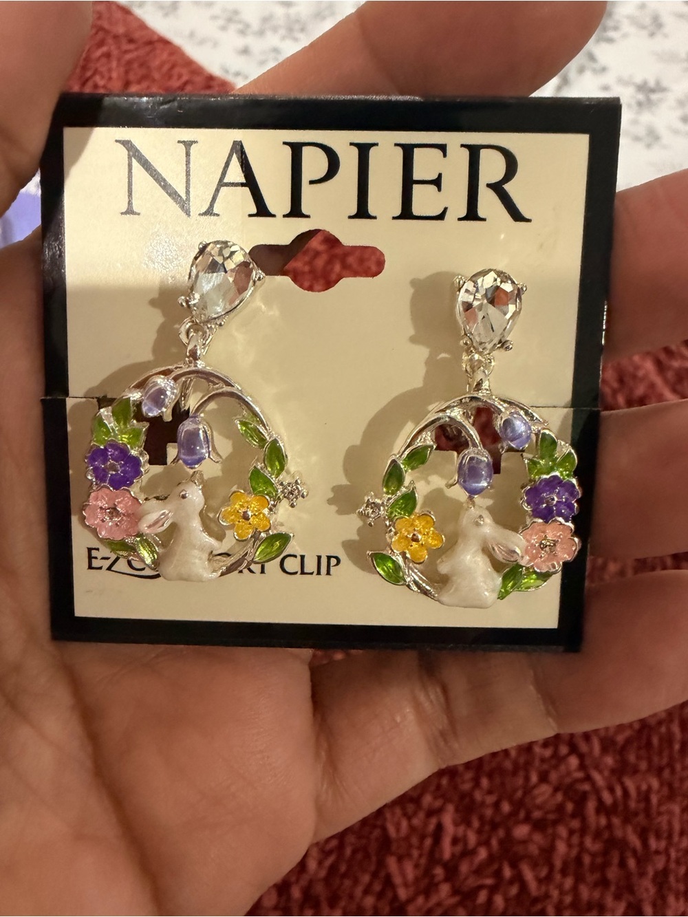 Napier Multicolor Enamel Bunny & Floral Clip-On Earrings